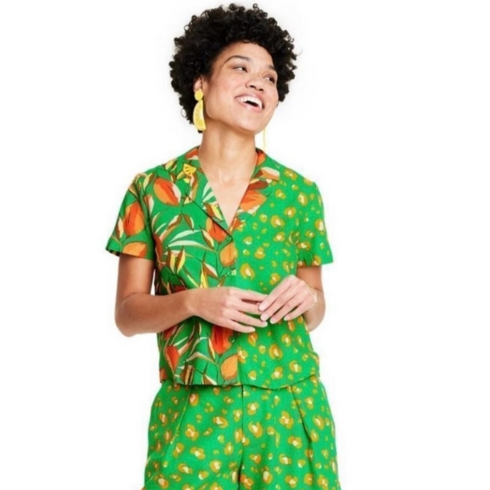 Tabitha Brown Tropical Collared Button Down Shirt Women's Extra Small